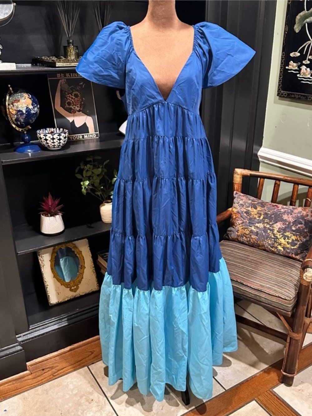 STAUD Corsica Tiered Maxi Dress – Size M – Cobalt & Amalfi Colorway